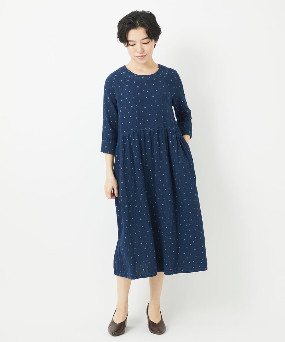 NHEEC80390 GIANNI LO GIUDICE(小さいサイズ)(メゾン ドゥ サンク) 二重織ガーゼデニムドットワンピース ネイビー