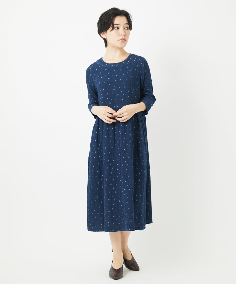 NHEEC80390 GIANNI LO GIUDICE(小さいサイズ)(メゾン ドゥ サンク) 二重織ガーゼデニムドットワンピース ネイビー