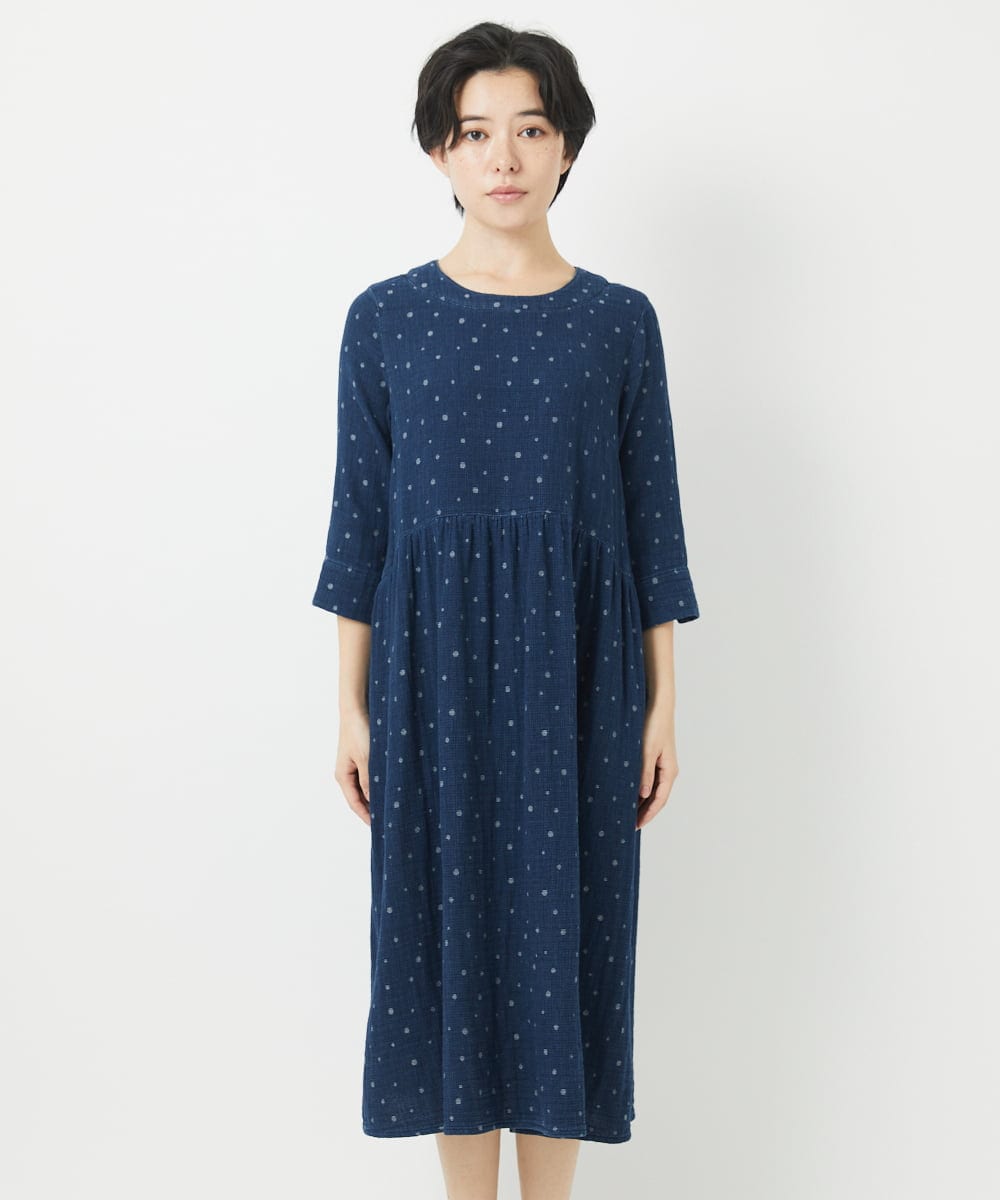 NHEEC80390 GIANNI LO GIUDICE(小さいサイズ)(メゾン ドゥ サンク) 二重織ガーゼデニムドットワンピース ネイビー