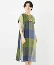NHEGA40490 GIANNI LO GIUDICE(小さいサイズ)(メゾン ドゥ サンク) [日本製]コットンレーヨンランダムチェックワンピース グリーン系
