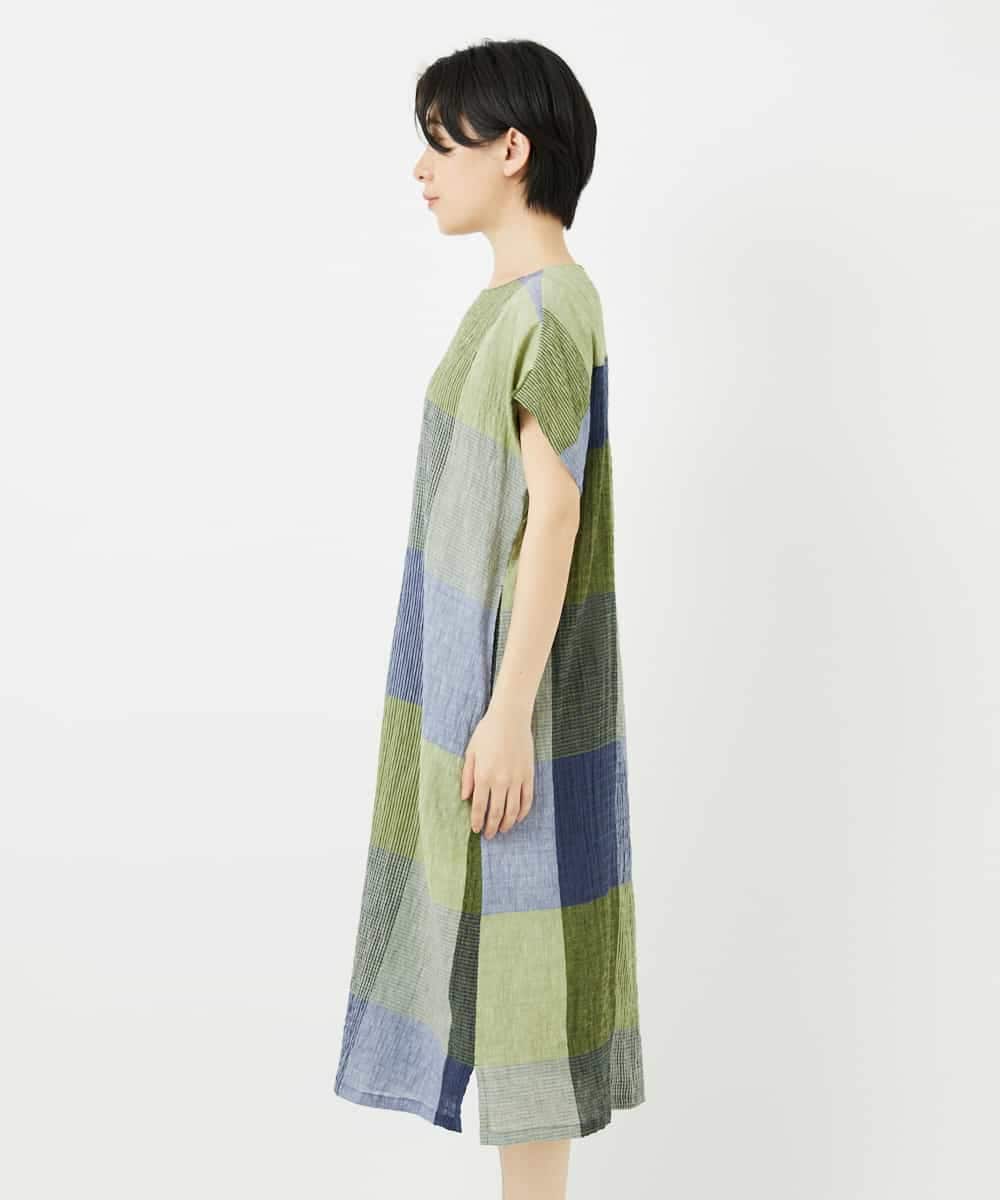 NHEGA40490 GIANNI LO GIUDICE(小さいサイズ)(メゾン ドゥ サンク) [日本製]コットンレーヨンランダムチェックワンピース グリーン系