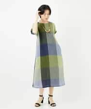 NHEGA40490 GIANNI LO GIUDICE(小さいサイズ)(メゾン ドゥ サンク) [日本製]コットンレーヨンランダムチェックワンピース グリーン系