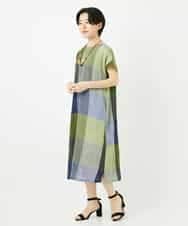 NHEGA40490 GIANNI LO GIUDICE(小さいサイズ)(メゾン ドゥ サンク) [日本製]コットンレーヨンランダムチェックワンピース グリーン系