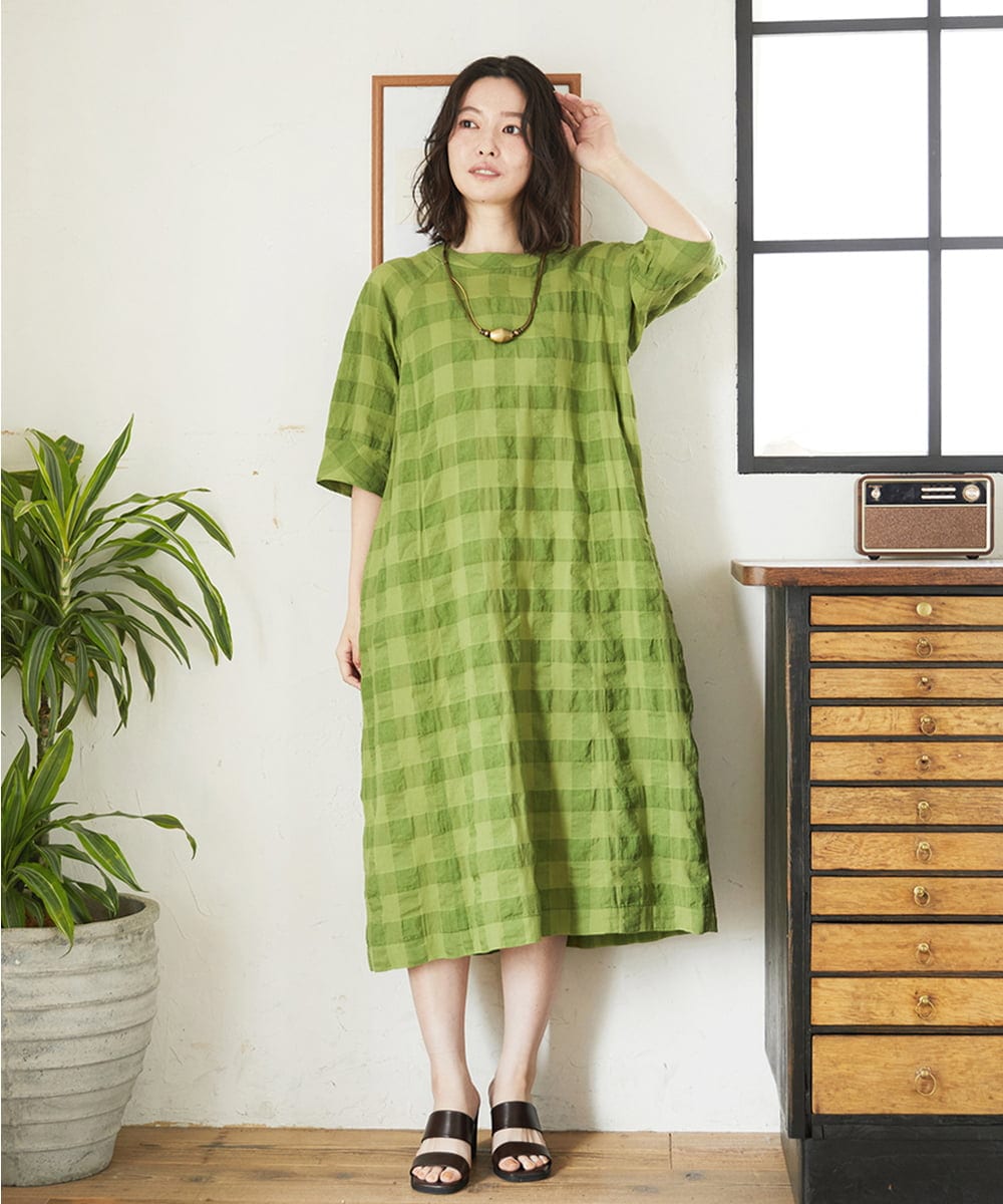 NHEGE53490 GIANNI LO GIUDICE(小さいサイズ)(メゾン ドゥ サンク) シャドーチェックワンピース グリーン