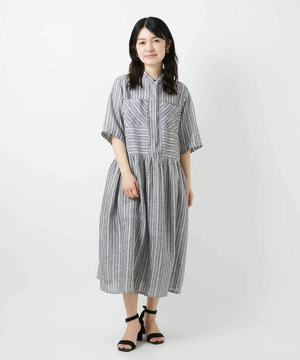 NHEGF92390 GIANNI LO GIUDICE(小さいサイズ)(メゾン ドゥ サンク) リネンストライプワンピース グレー系