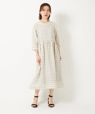 NHEGF97390 GIANNI LO GIUDICE(小さいサイズ)(メゾン ドゥ サンク) ノーカラーリネンワンピース（ギンガムチェック／ストライプ） ギンガムチェック・ベージュ系