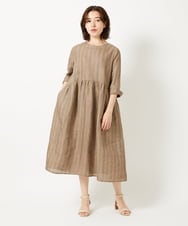 NHEGF97390 GIANNI LO GIUDICE(小さいサイズ)(メゾン ドゥ サンク) ノーカラーリネンワンピース（ギンガムチェック／ストライプ） ストライプ・ブラウン系