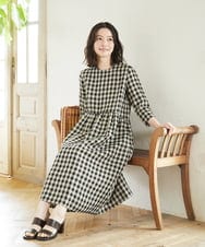 NHEGF97390 GIANNI LO GIUDICE(小さいサイズ)(メゾン ドゥ サンク) ノーカラーリネンワンピース（ギンガムチェック／ストライプ） ギンガムチェック・ブラック系