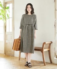 NHEGF97390 GIANNI LO GIUDICE(小さいサイズ)(メゾン ドゥ サンク) ノーカラーリネンワンピース（ギンガムチェック／ストライプ） ギンガムチェック・ブラック系
