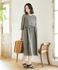 NHEGF97390 GIANNI LO GIUDICE(小さいサイズ)(メゾン ドゥ サンク) ノーカラーリネンワンピース（ギンガムチェック／ストライプ） ギンガムチェック・ブラック系