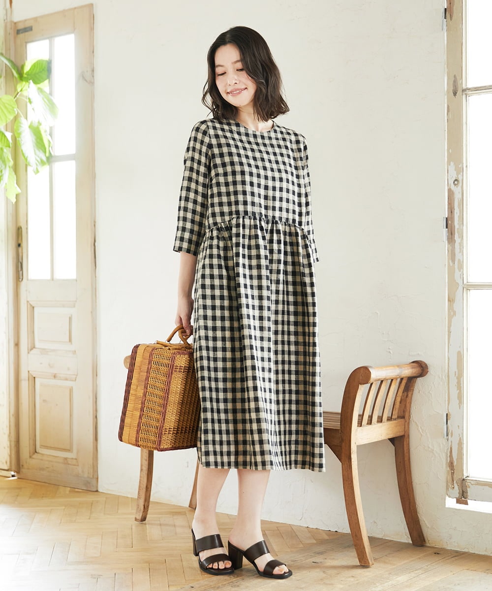 NHEGF97390 GIANNI LO GIUDICE(小さいサイズ)(メゾン ドゥ サンク) ノーカラーリネンワンピース（ギンガムチェック／ストライプ） ギンガムチェック・ブラック系