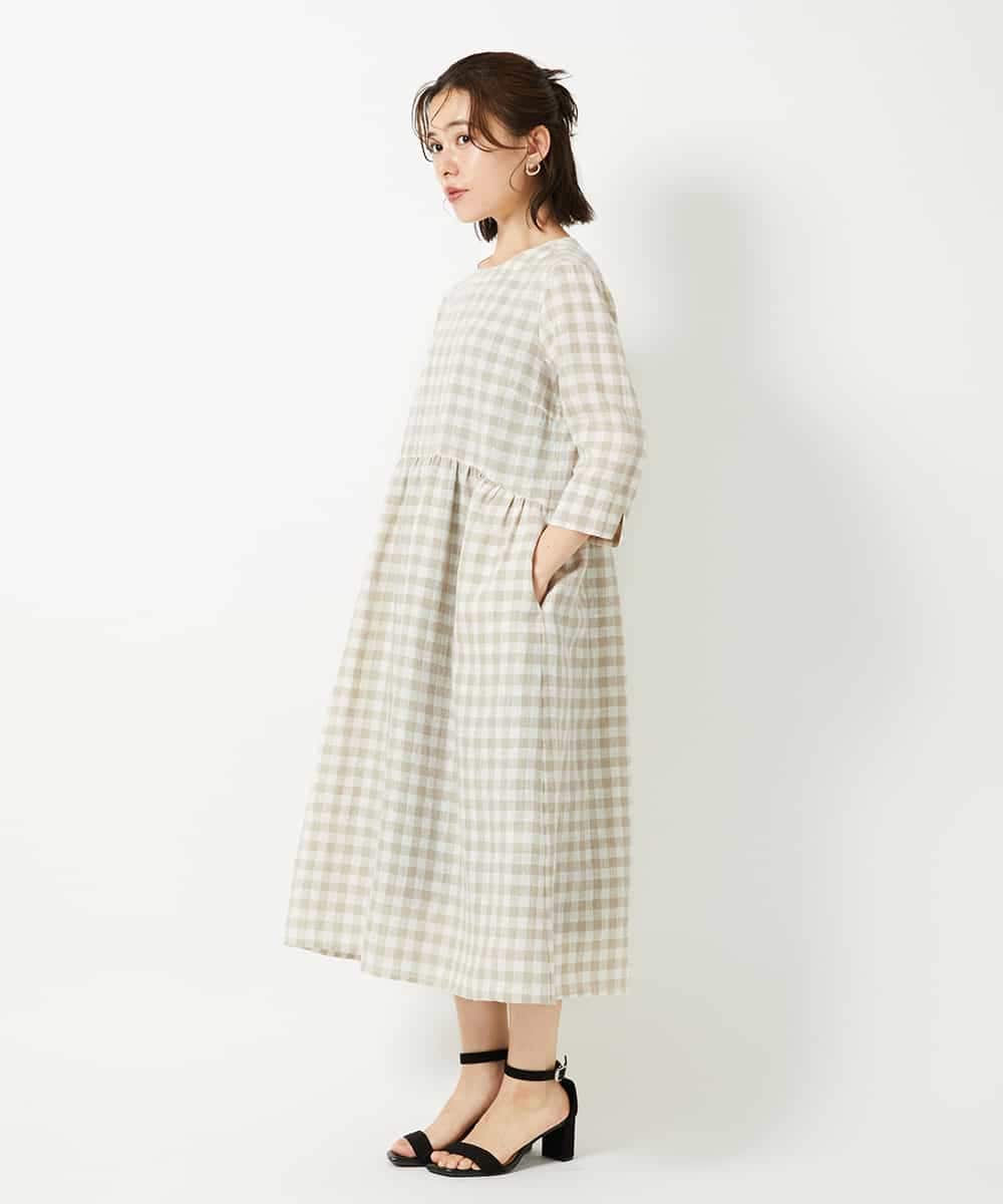 NHEGF97390 GIANNI LO GIUDICE(小さいサイズ)(メゾン ドゥ サンク) ノーカラーリネンワンピース（ギンガムチェック／ストライプ） ギンガムチェック・ブラック系