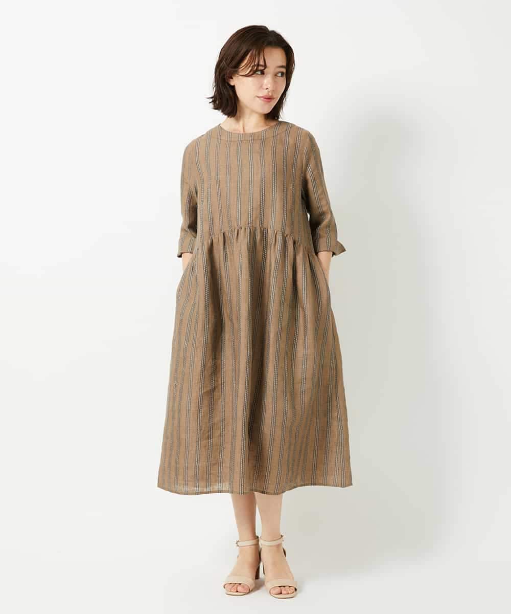 NHEGF97390 GIANNI LO GIUDICE(小さいサイズ)(メゾン ドゥ サンク) ノーカラーリネンワンピース（ギンガムチェック／ストライプ） ギンガムチェック・ブラック系