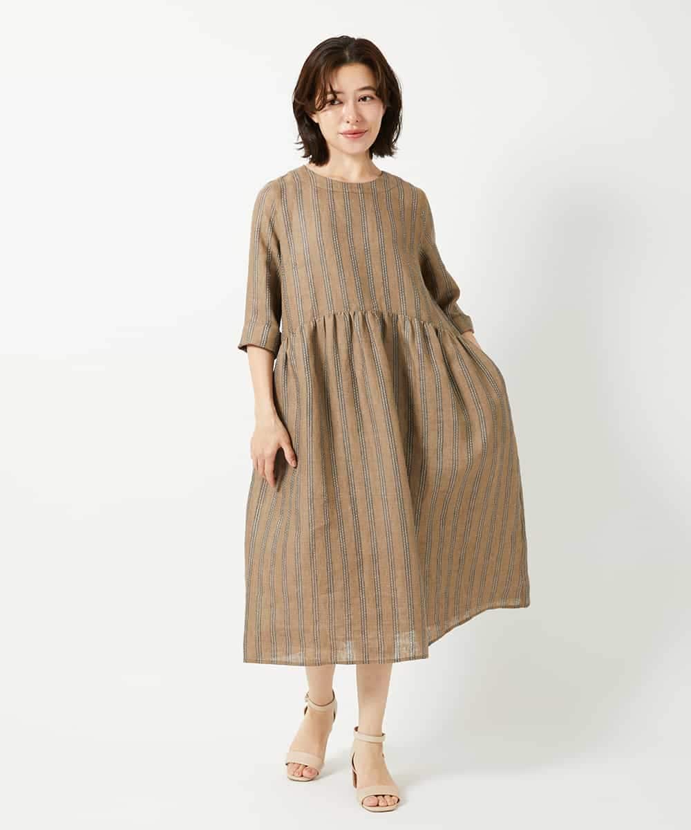 NHEGF97390 GIANNI LO GIUDICE(小さいサイズ)(メゾン ドゥ サンク) ノーカラーリネンワンピース（ギンガムチェック／ストライプ） ギンガムチェック・ブラック系