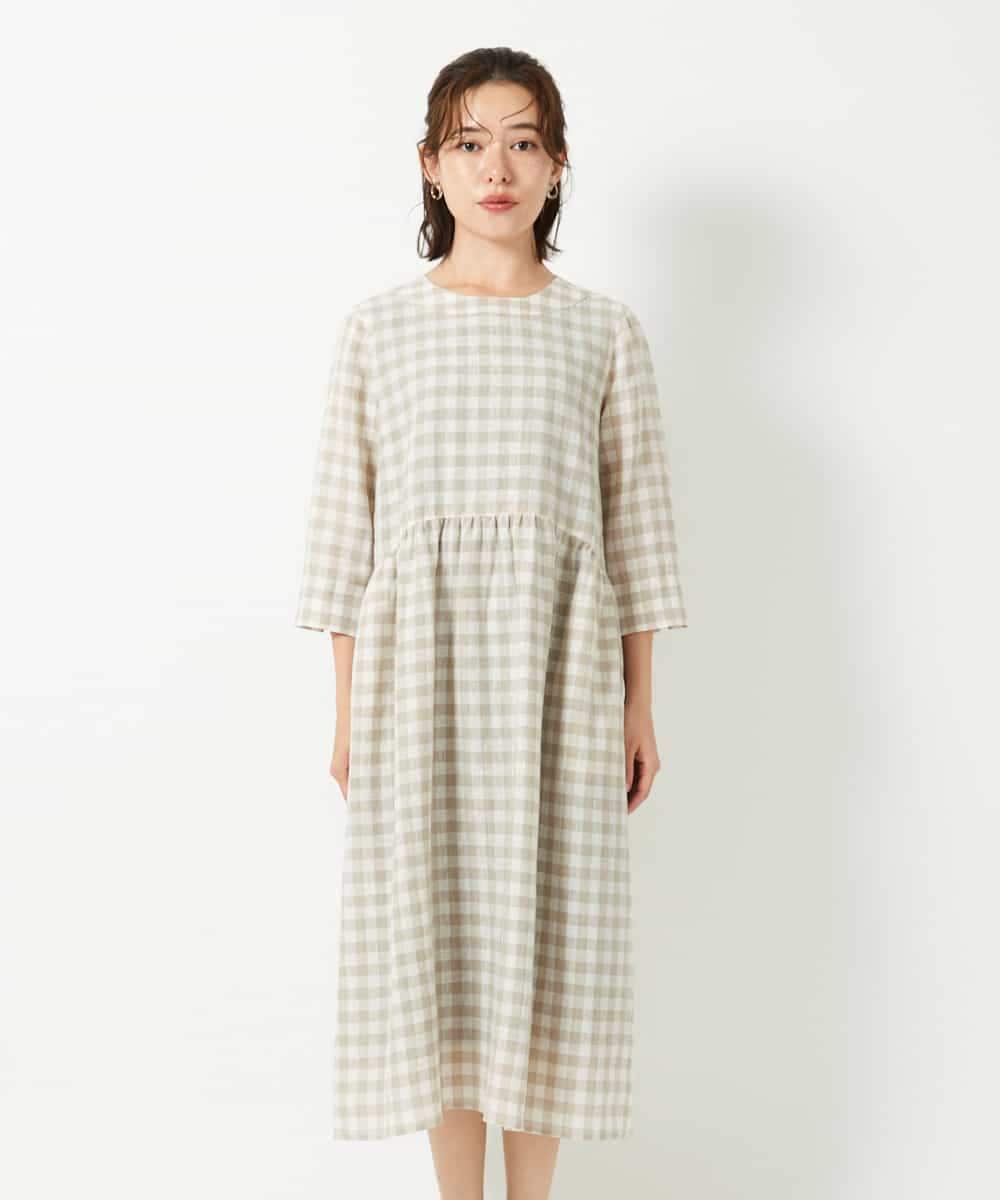 NHEGF97390 GIANNI LO GIUDICE(小さいサイズ)(メゾン ドゥ サンク) ノーカラーリネンワンピース（ギンガムチェック／ストライプ） ギンガムチェック・ブラック系