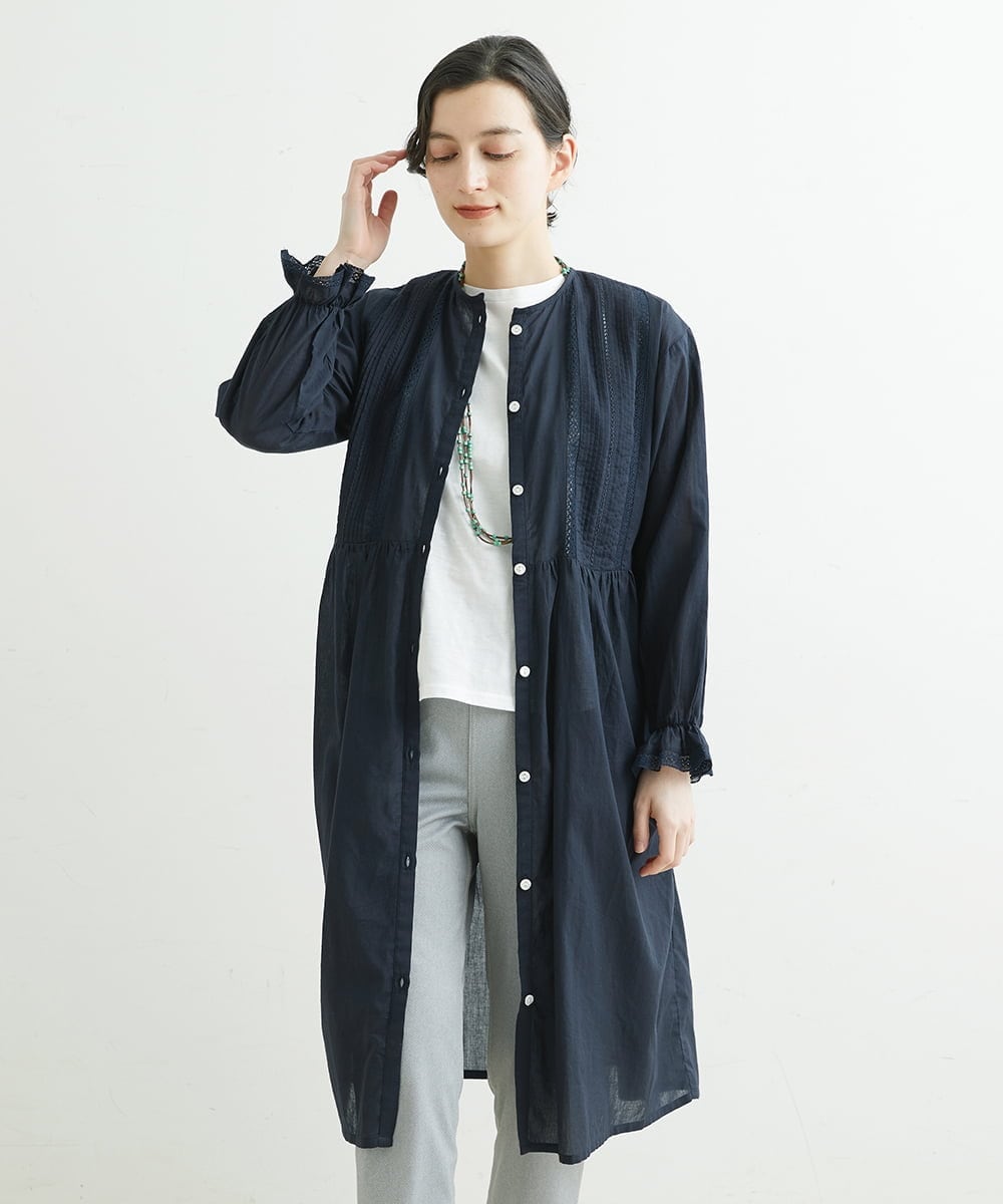 NHEGU85230 GIANNI LO GIUDICE(小さいサイズ)(メゾン ドゥ サンク) コットンボイルノーカラーシャツワンピース ネイビー