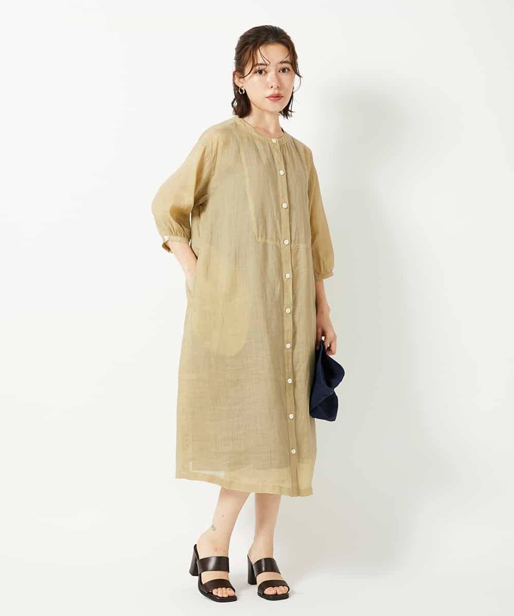 NHEHE60330 GIANNI LO GIUDICE(小さいサイズ)(メゾン ドゥ サンク) 麻シャンブレープリントワンピース イエローベージュ