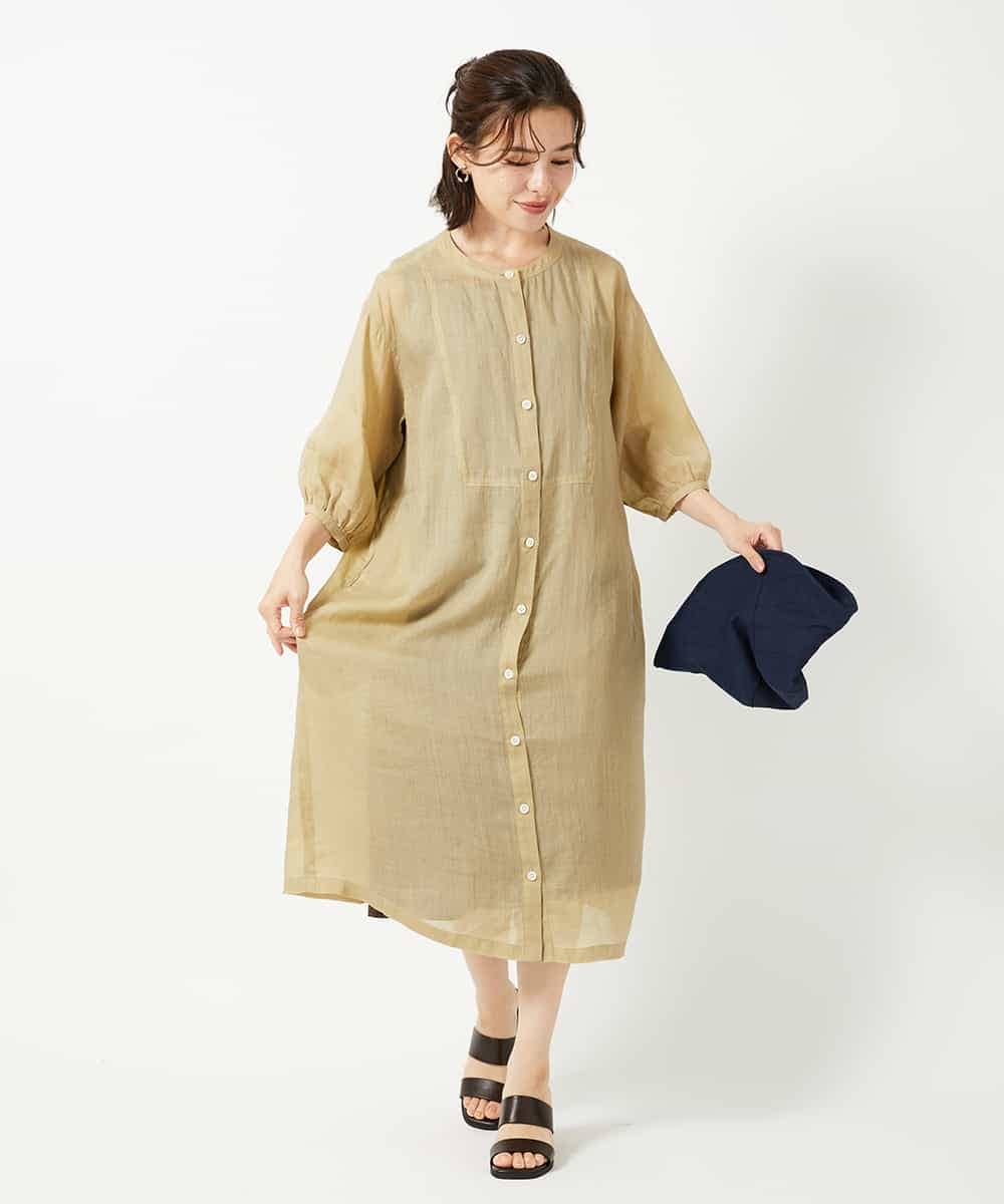 NHEHE60330 GIANNI LO GIUDICE(小さいサイズ)(メゾン ドゥ サンク) 麻シャンブレープリントワンピース イエローベージュ