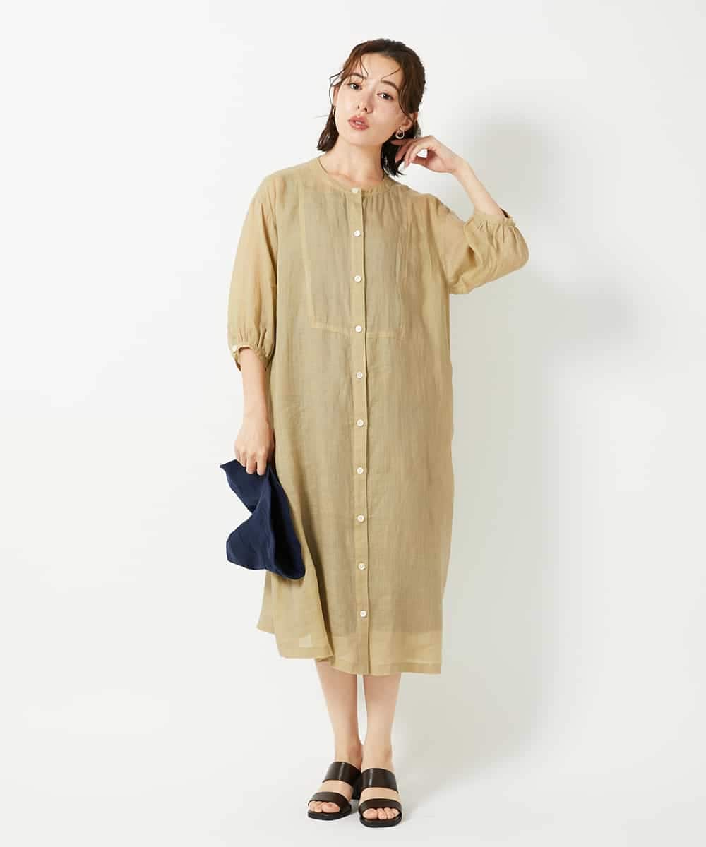 NHEHE60330 GIANNI LO GIUDICE(小さいサイズ)(メゾン ドゥ サンク) 麻シャンブレープリントワンピース イエローベージュ