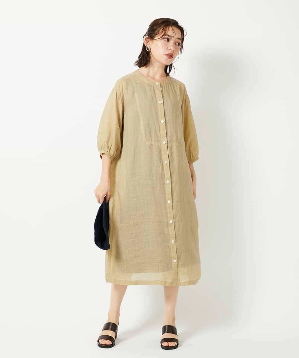 NHEHE60330 GIANNI LO GIUDICE(小さいサイズ)(メゾン ドゥ サンク) 麻シャンブレープリントワンピース イエローベージュ