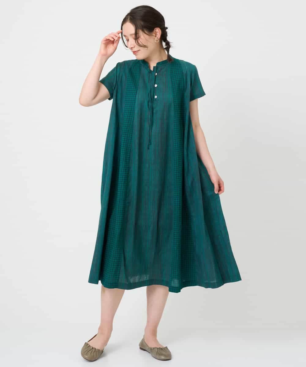 NHEHE61290 GIANNI LO GIUDICE(小さいサイズ)(メゾン ドゥ サンク) コットンストライプギンガムワンピース グリーン