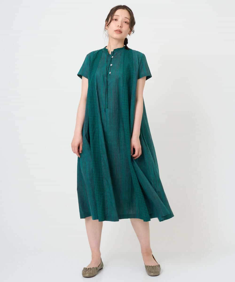 NHEHE61290 GIANNI LO GIUDICE(小さいサイズ)(メゾン ドゥ サンク) コットンストライプギンガムワンピース グリーン