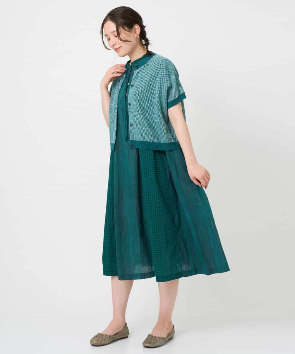 NHEHE61290 GIANNI LO GIUDICE(小さいサイズ)(メゾン ドゥ サンク) コットンストライプギンガムワンピース グリーン