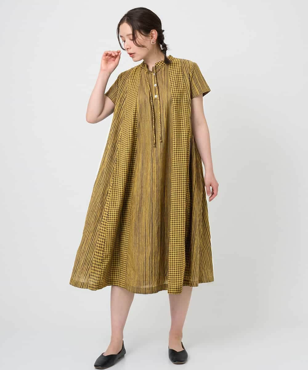 NHEHE61290 GIANNI LO GIUDICE(小さいサイズ)(メゾン ドゥ サンク) コットンストライプギンガムワンピース グリーン