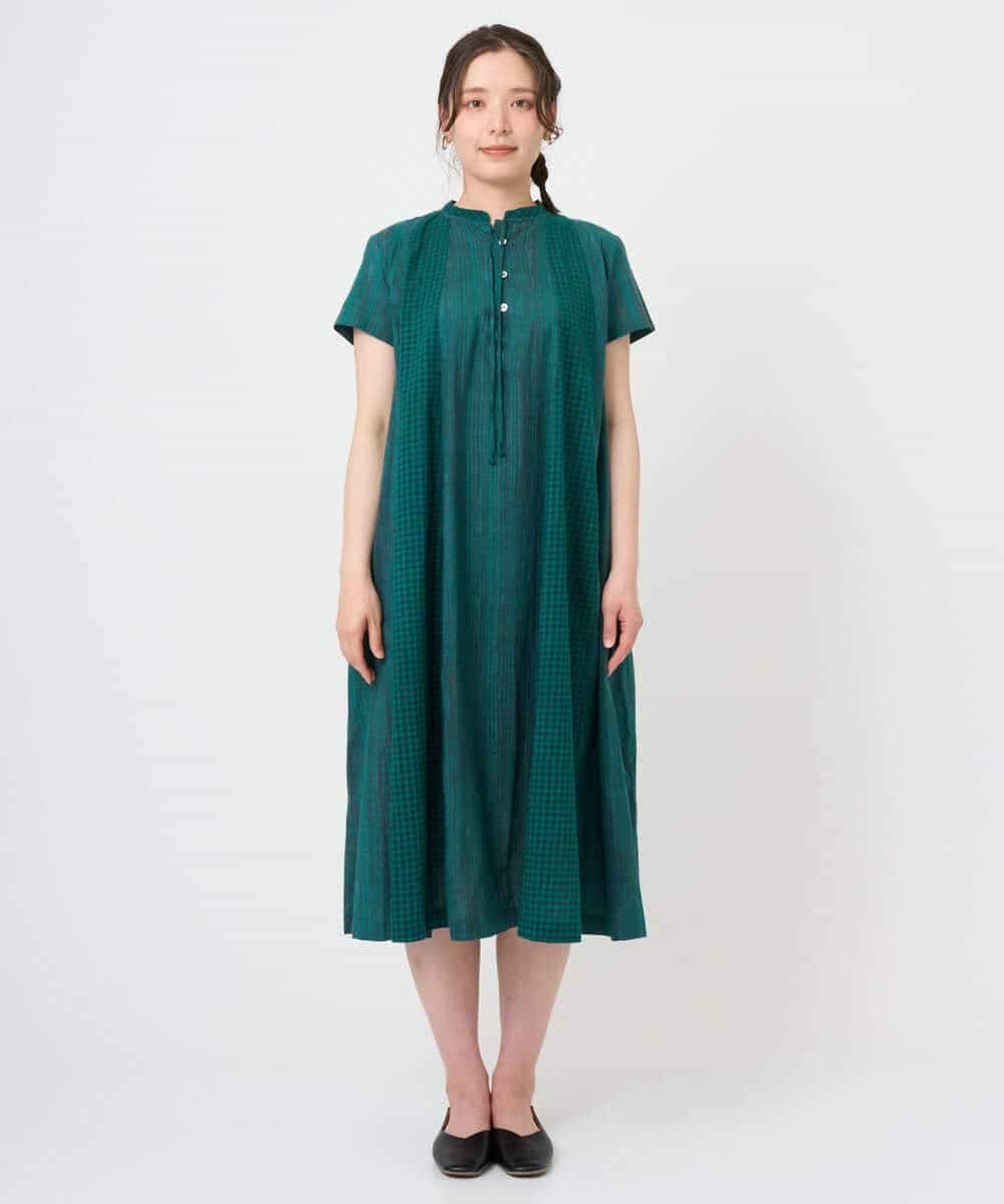 NHEHE61290 GIANNI LO GIUDICE(小さいサイズ)(メゾン ドゥ サンク) コットンストライプギンガムワンピース グリーン
