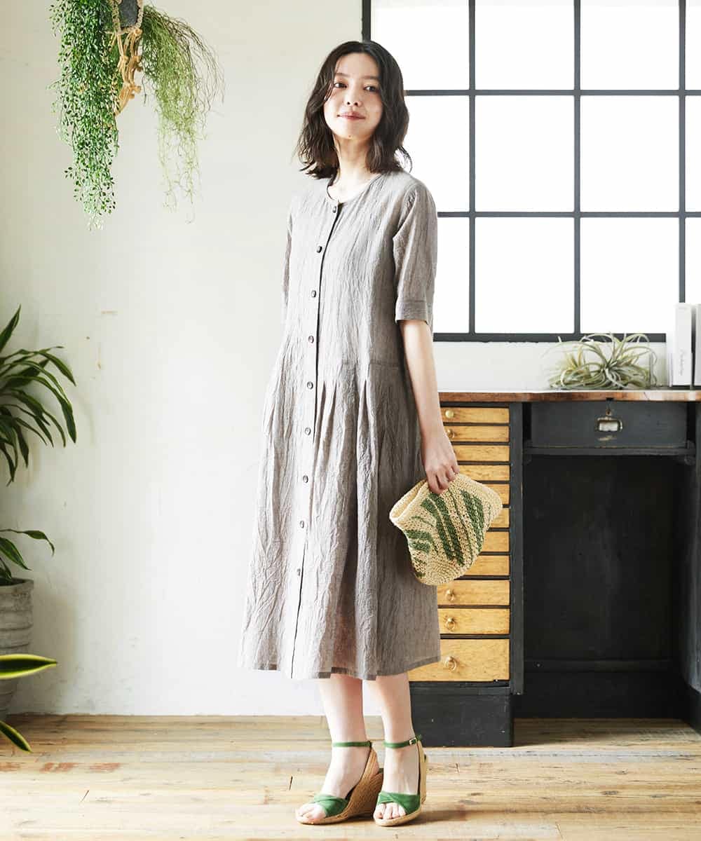 NHEHF80330 GIANNI LO GIUDICE(小さいサイズ)(メゾン ドゥ サンク) 綿麻ワッシャーアシンメトリー切替ワンピース アイボリー