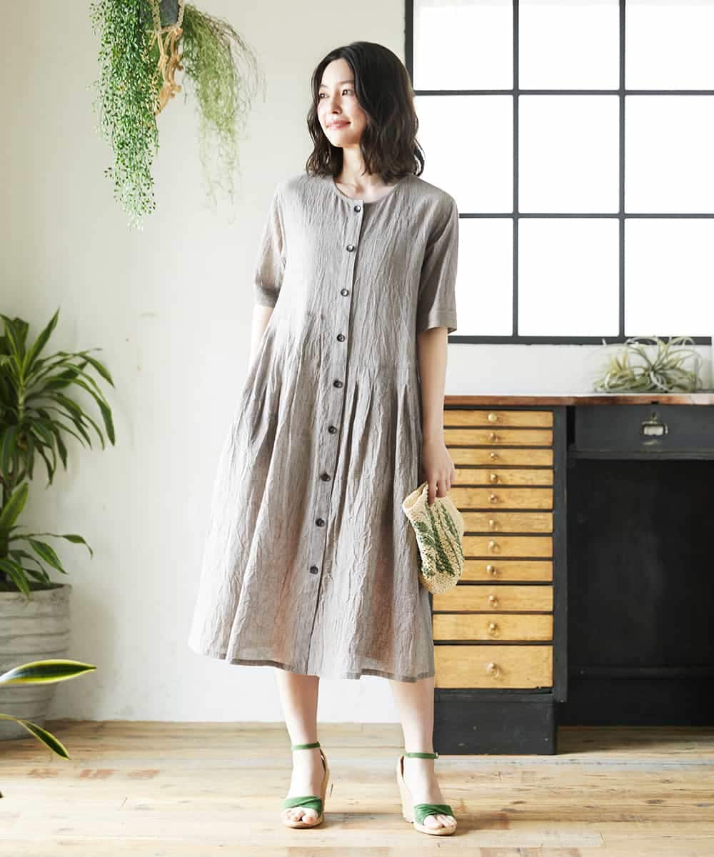 NHEHF80330 GIANNI LO GIUDICE(小さいサイズ)(メゾン ドゥ サンク) 綿麻ワッシャーアシンメトリー切替ワンピース ブラウン