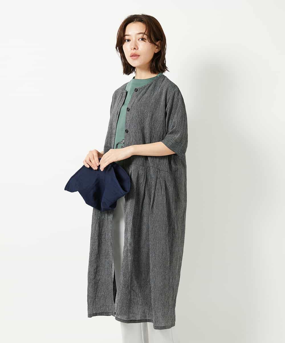 NHEHF80330 GIANNI LO GIUDICE(小さいサイズ)(メゾン ドゥ サンク) 綿麻ワッシャーアシンメトリー切替ワンピース ブラック