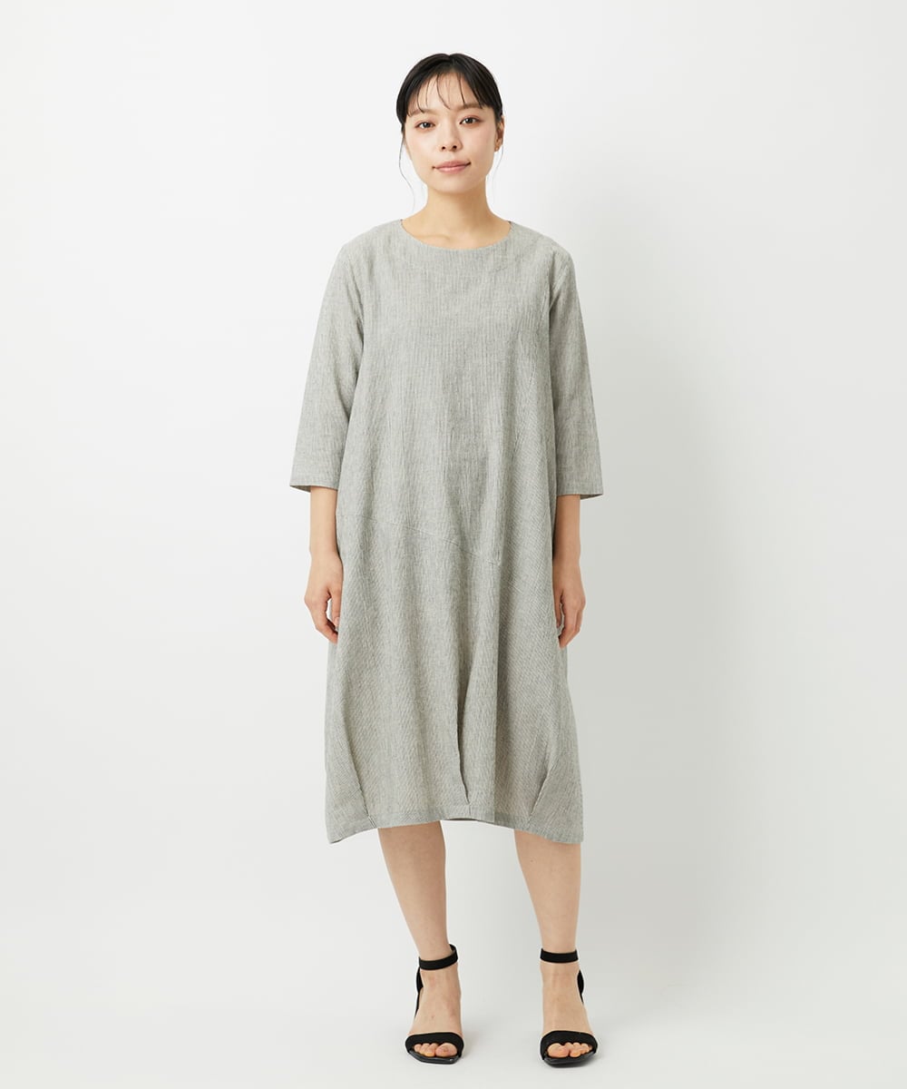 NHEHF82330 GIANNI LO GIUDICE(小さいサイズ)(メゾン ドゥ サンク) コットンリネンコクーンラインワンピース ブラック（グレンチェック）