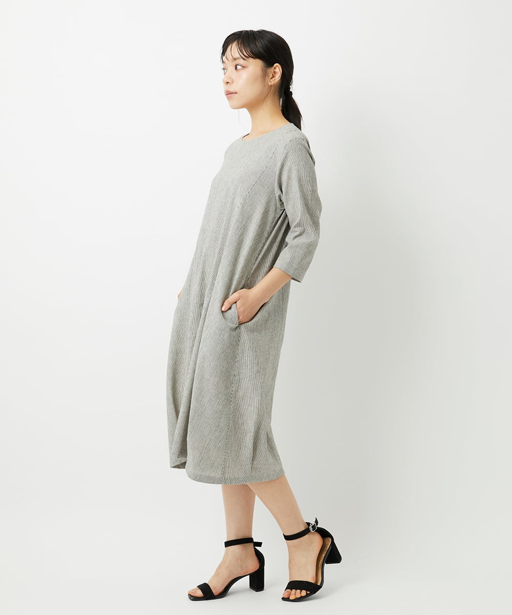 NHEHF82330 GIANNI LO GIUDICE(小さいサイズ)(メゾン ドゥ サンク) コットンリネンコクーンラインワンピース ブラック（グレンチェック）