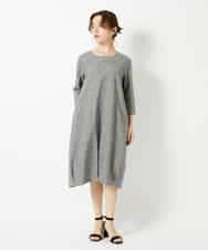 NHEHF82330 GIANNI LO GIUDICE(小さいサイズ)(メゾン ドゥ サンク) コットンリネンコクーンラインワンピース ブラック（グレンチェック）