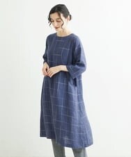 NHEHT01390 GIANNI LO GIUDICE(小さいサイズ)(メゾン ドゥ サンク) リネン段染めラインワンピース ネイビー系(チェック柄)
