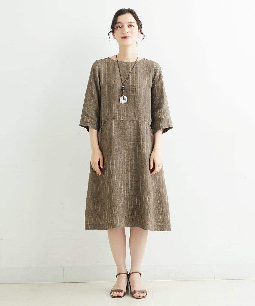 NHEHT01390 GIANNI LO GIUDICE(小さいサイズ)(メゾン ドゥ サンク) リネン段染めラインワンピース モカ系(ストライプ柄)