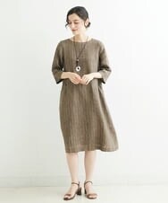 NHEHT01390 GIANNI LO GIUDICE(小さいサイズ)(メゾン ドゥ サンク) リネン段染めラインワンピース モカ系(ストライプ柄)