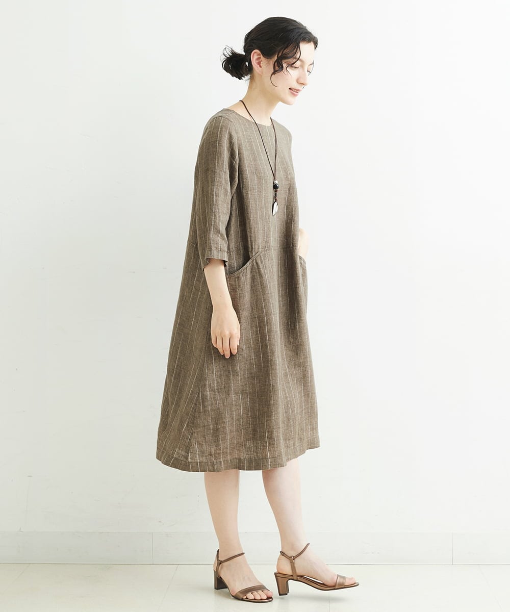 NHEHT01390 GIANNI LO GIUDICE(小さいサイズ)(メゾン ドゥ サンク) リネン段染めラインワンピース モカ系(ストライプ柄)