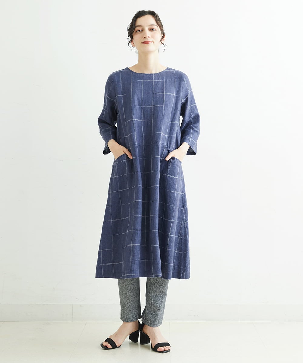 NHEHT01390 GIANNI LO GIUDICE(小さいサイズ)(メゾン ドゥ サンク) リネン段染めラインワンピース モカ系(ストライプ柄)