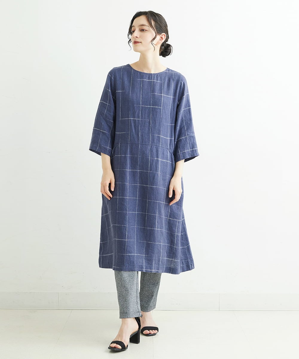 NHEHT01390 GIANNI LO GIUDICE(小さいサイズ)(メゾン ドゥ サンク) リネン段染めラインワンピース モカ系(ストライプ柄)