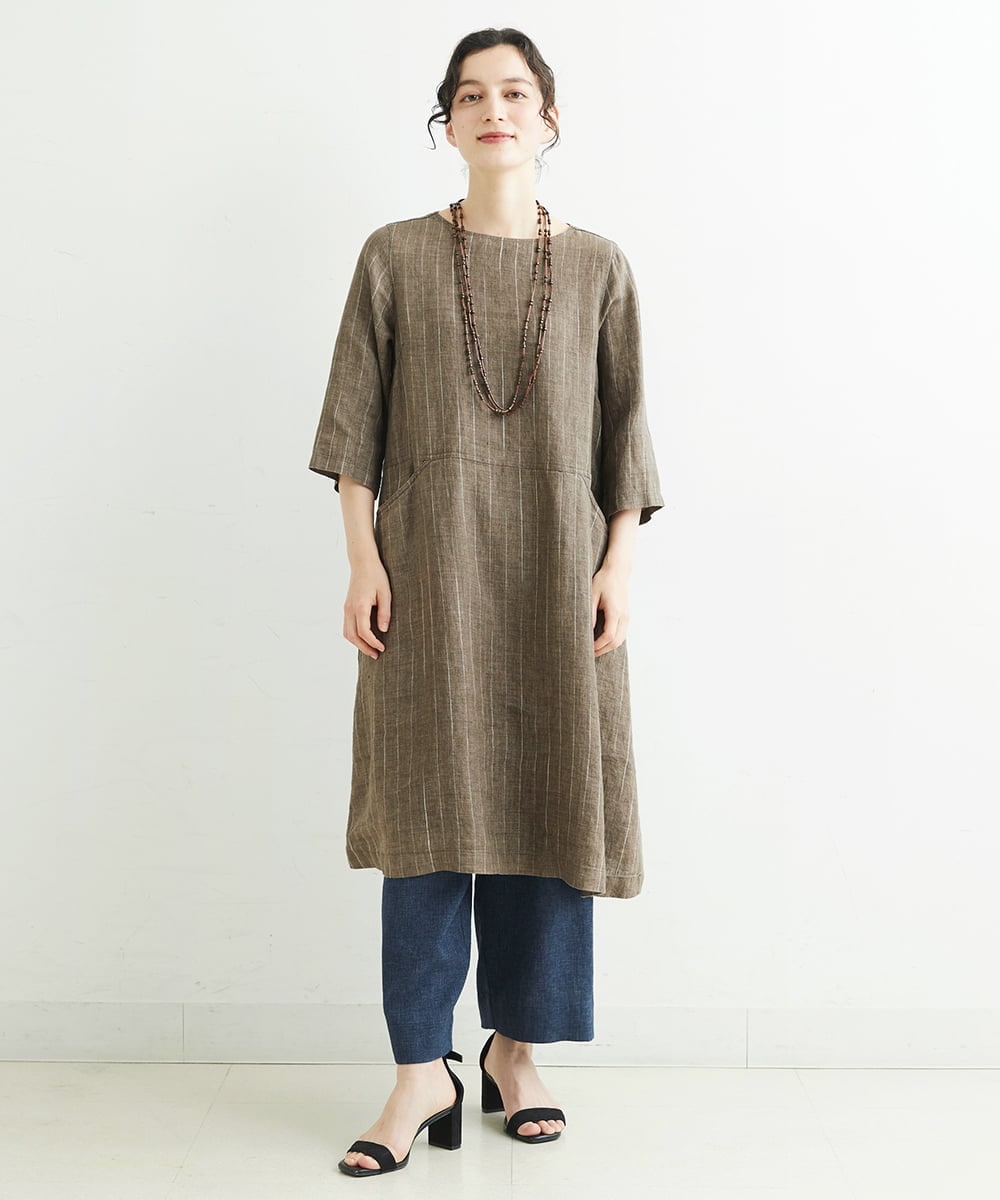 NHEHT01390 GIANNI LO GIUDICE(小さいサイズ)(メゾン ドゥ サンク) リネン段染めラインワンピース モカ系(ストライプ柄)