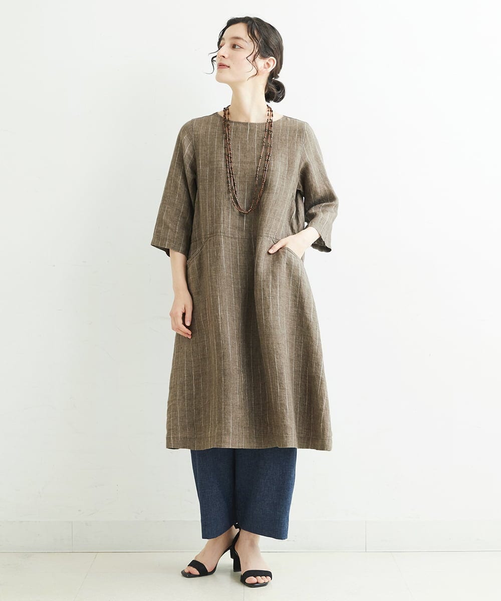 NHEHT01390 GIANNI LO GIUDICE(小さいサイズ)(メゾン ドゥ サンク) リネン段染めラインワンピース モカ系(ストライプ柄)