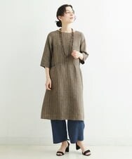 NHEHT01390 GIANNI LO GIUDICE(小さいサイズ)(メゾン ドゥ サンク) リネン段染めラインワンピース モカ系(ストライプ柄)