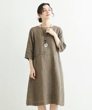 NHEHT01390 GIANNI LO GIUDICE(小さいサイズ)(メゾン ドゥ サンク) リネン段染めラインワンピース モカ系(ストライプ柄)