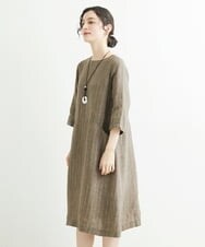 NHEHT01390 GIANNI LO GIUDICE(小さいサイズ)(メゾン ドゥ サンク) リネン段染めラインワンピース モカ系(ストライプ柄)
