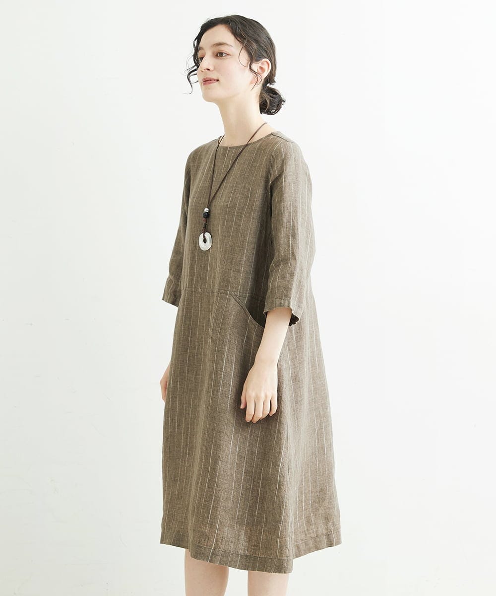 NHEHT01390 GIANNI LO GIUDICE(小さいサイズ)(メゾン ドゥ サンク) リネン段染めラインワンピース モカ系(ストライプ柄)