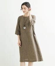 NHEHT01390 GIANNI LO GIUDICE(小さいサイズ)(メゾン ドゥ サンク) リネン段染めラインワンピース モカ系(ストライプ柄)