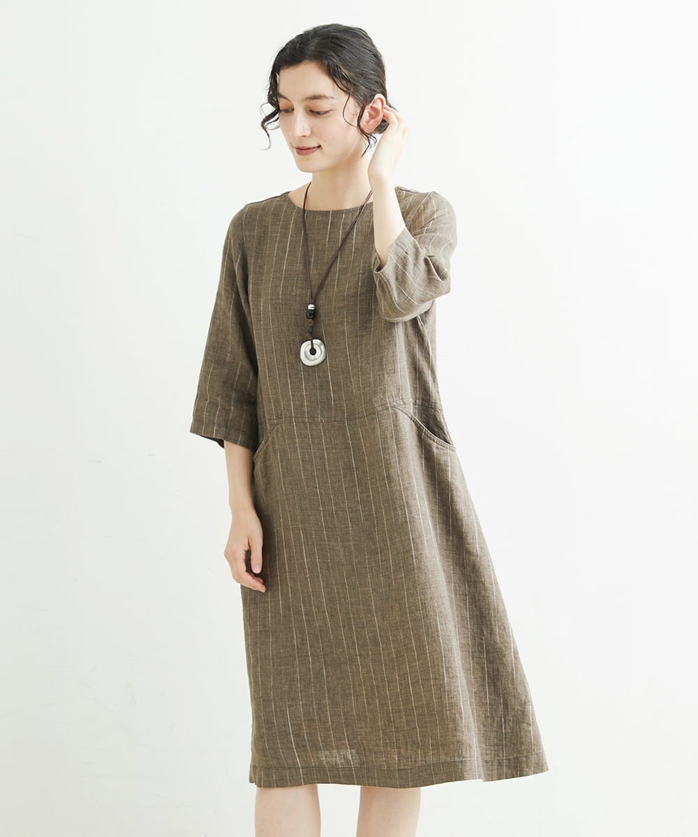 NHEHT01390 GIANNI LO GIUDICE(小さいサイズ)(メゾン ドゥ サンク) リネン段染めラインワンピース モカ系(ストライプ柄)