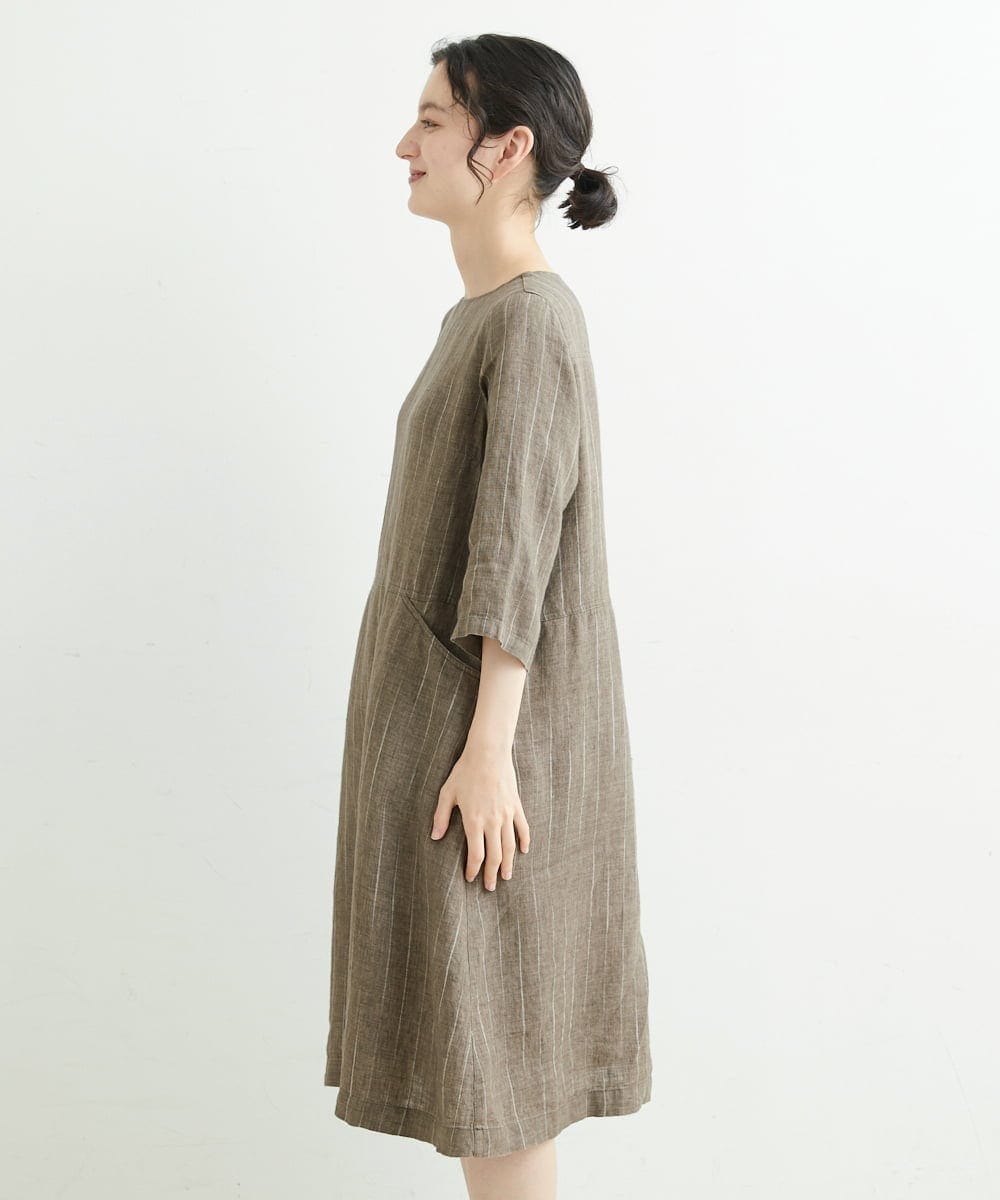 NHEHT01390 GIANNI LO GIUDICE(小さいサイズ)(メゾン ドゥ サンク) リネン段染めラインワンピース モカ系(ストライプ柄)